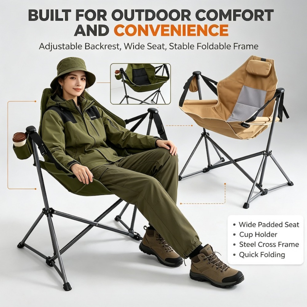 Outdoor Camping Rocking Chair - 持ち運び可能な屋外用レジャーチェア。キャンプ用、ロッキングチェア、折りたたみ式、スイングチェア、リクライニングチェア。通気性に優れ、環境に配慮した素材を使用。ムーンハンギングチェア。