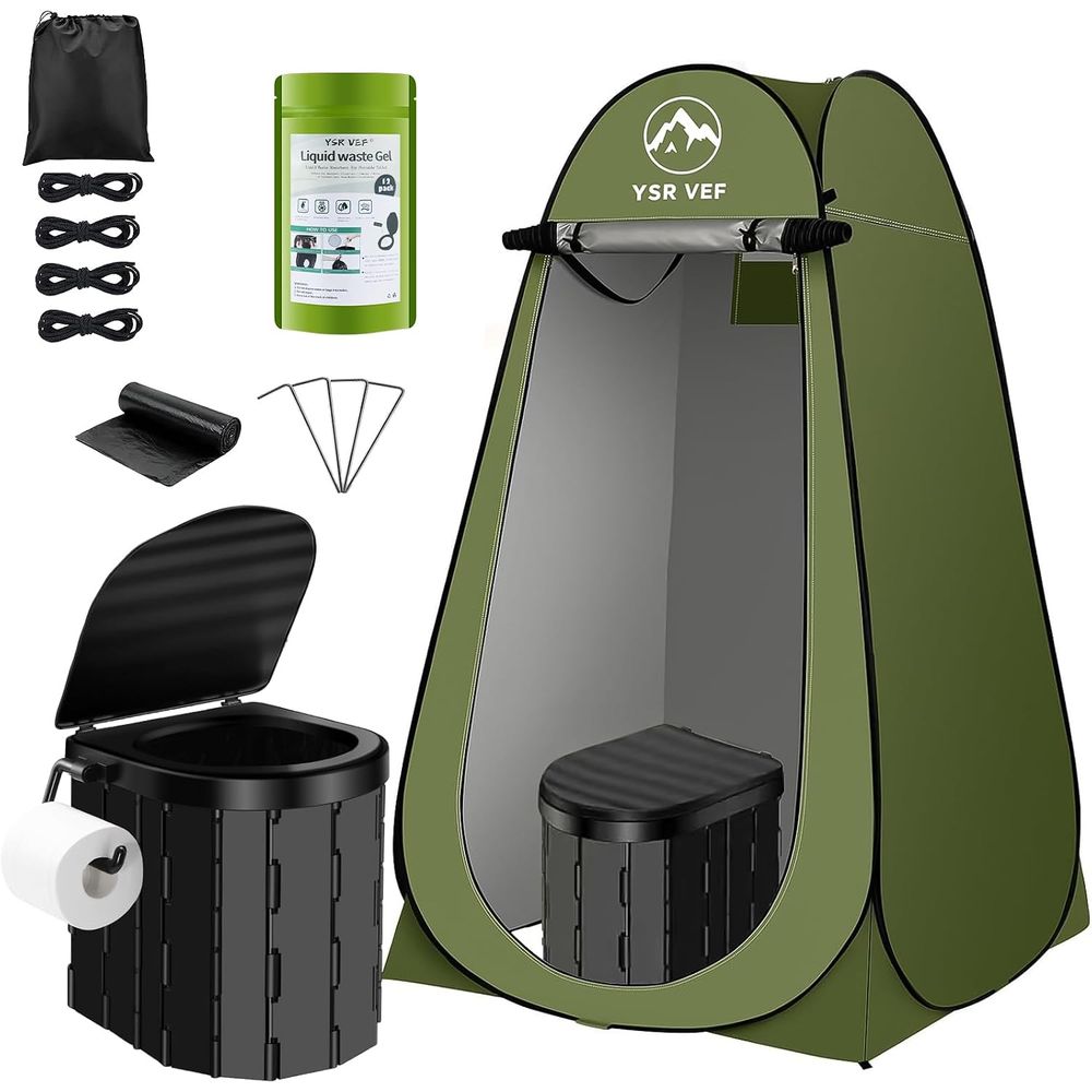 Outdoor Camp - ポータブルトイレキット、ポップアップ式プライバシーテントとうんちジェルトイレバッグ付きキャンプ用トイレ、洗えるポータブル屋外シャワー更衣室
