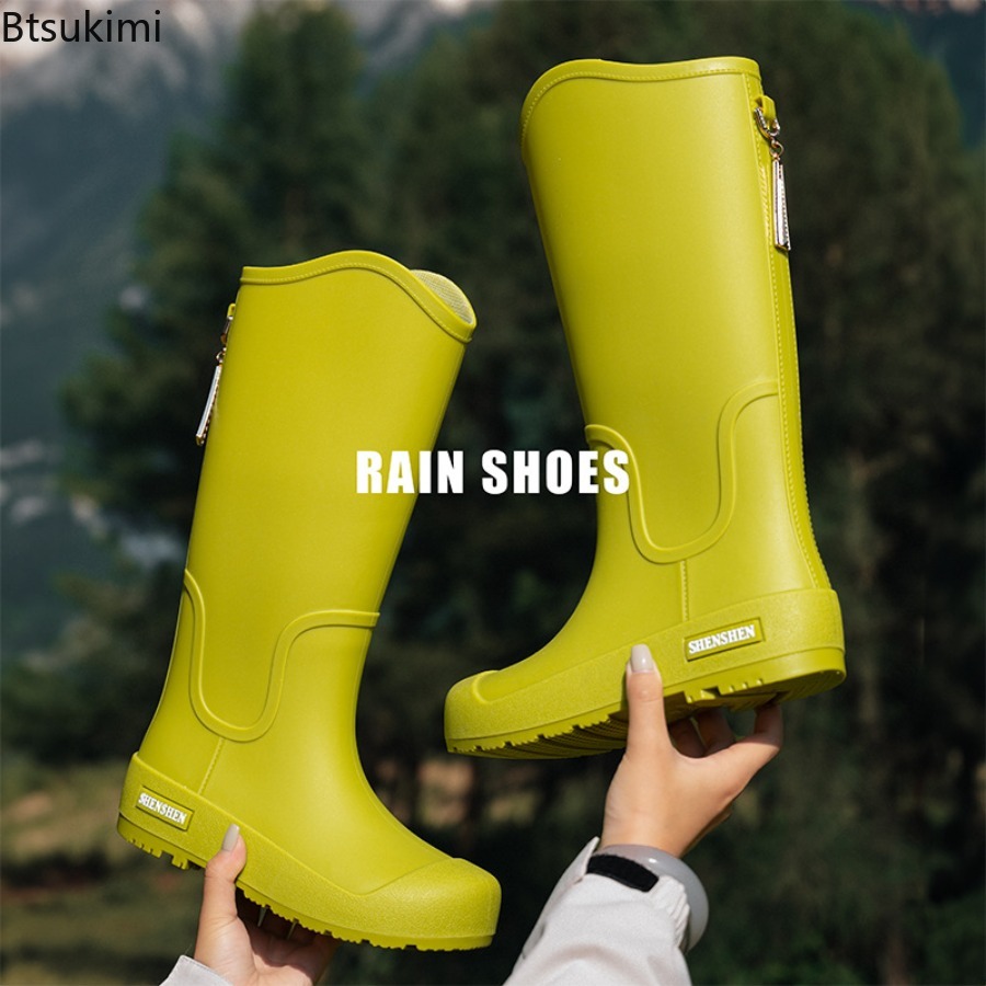 Outdoor Camping Youtube - 新しい女性のレインシューズ防水ハイチューブブーツファッションノンスリップ屋外キャンプ作業ウォーターシューズ暖かいロングチューブレインブーツ