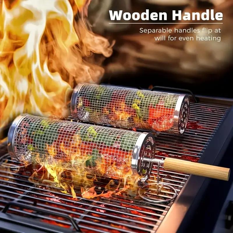Outdoor Camping Grill - ステンレス製BBQグリルバスケット、丸型回転シリンダーケージ、肉・野菜・魚用ワイヤーメッシュ回転ラック、屋外キャンプピクニック用
