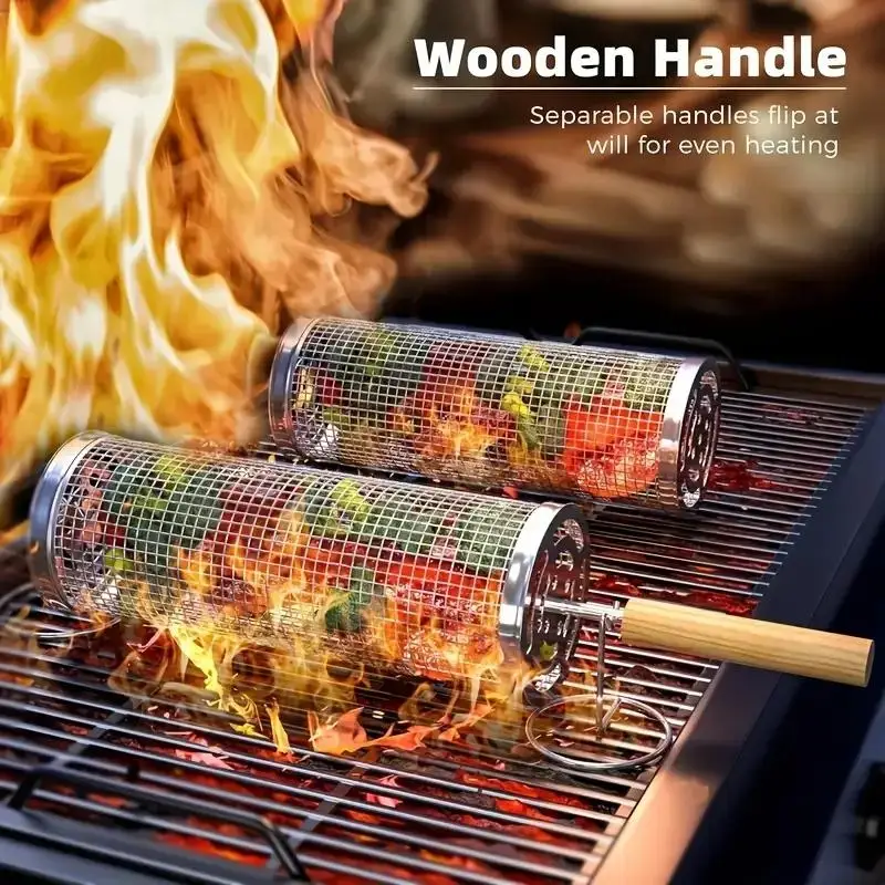 ステンレス製BBQグリルバスケット、丸型回転シリンダーケージ - Outdoor Camping Grill のレビューと価格