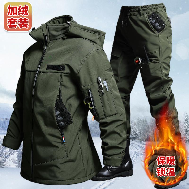 秋と冬のベルベット防水タクティカルジャケットとパンツセット男 - Outdoor Camping Jacket のレビューと価格