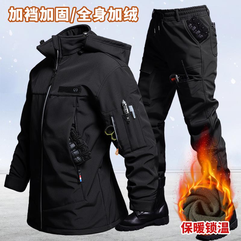 秋と冬のベルベット防水タクティカルジャケットとパンツセット男 - Outdoor Camping Jacket のレビューと価格