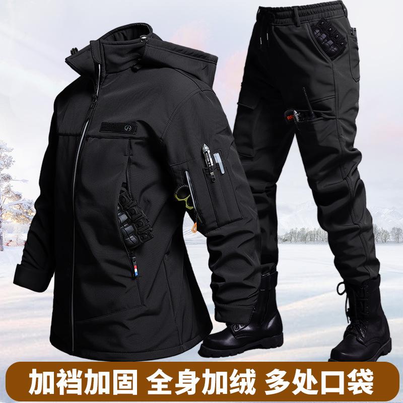 秋と冬のベルベット防水タクティカルジャケットとパンツセット男 - Outdoor Camping Jacket のレビューと価格